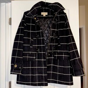 Michael Kors Womens 3/4 Length Peacoat Jacket Black White Plaid